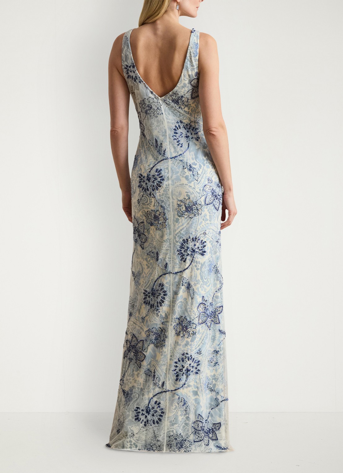 Ralph Lauren Maxi jurk met bloemenprint en kralendecoratie - achterkant 3 blue multi / blauw