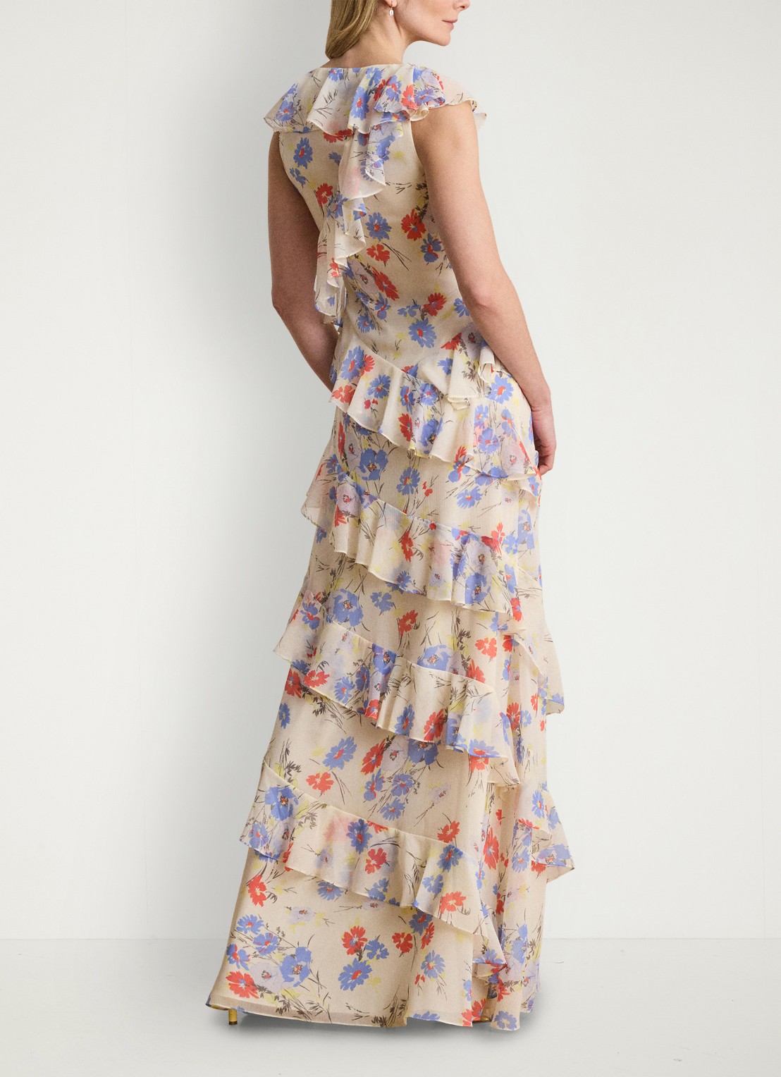 Ralph Lauren Maxi jurk met bloemenprint en ruches - achterkant 3 cream multi 2wmn / creme