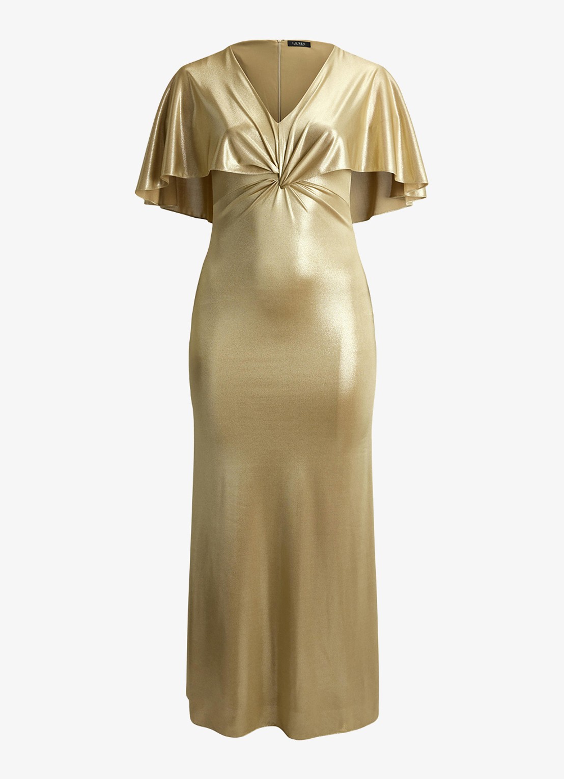 Ralph Lauren Maxi jurk met metallic finish en geknoopt detail - voorkant 2 birch tan/gold foil / beige