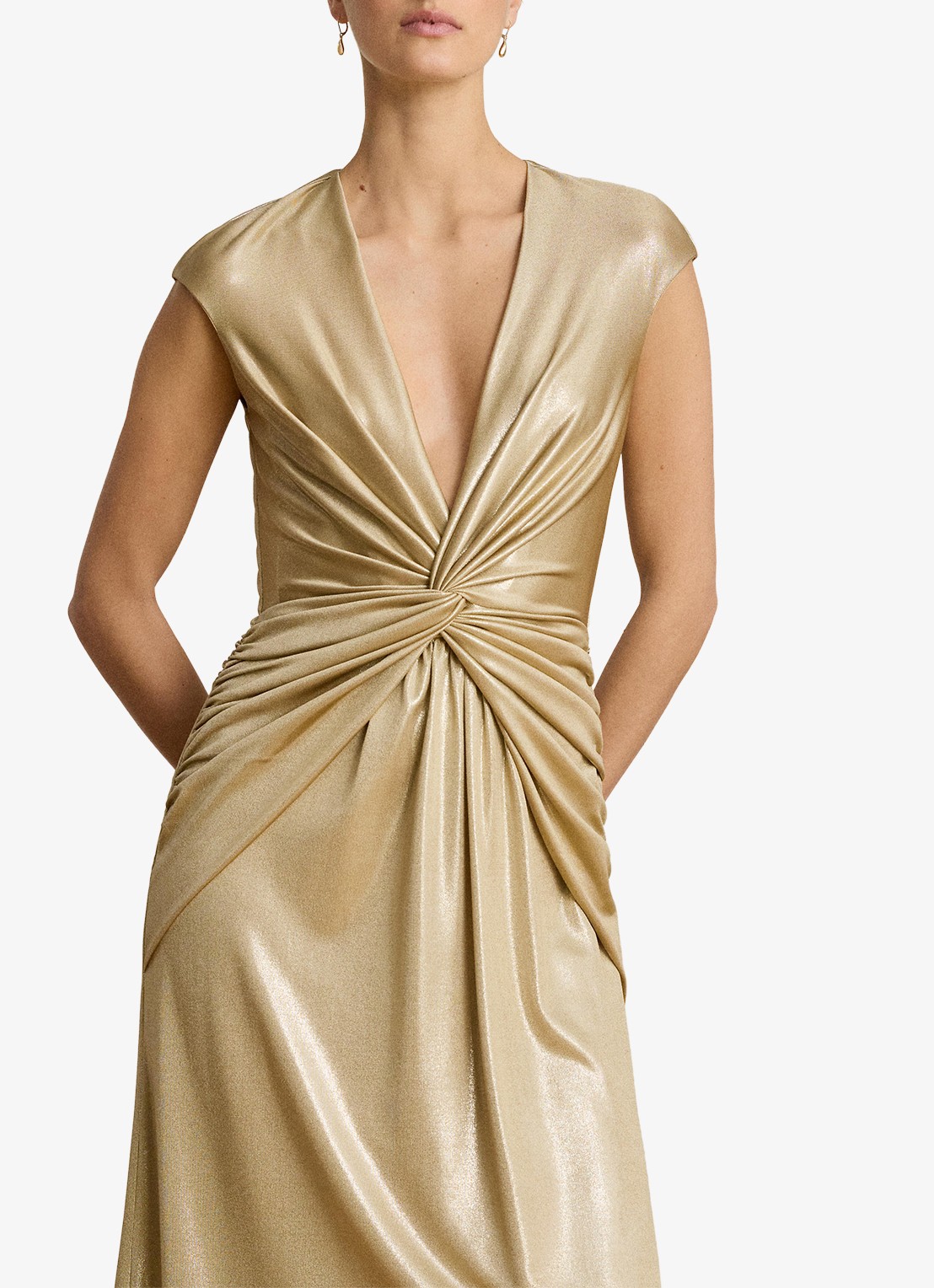 Ralph Lauren Maxi jurk met metallic finish en geknoopt detail - detail 5 birch tan/gold foil / goud