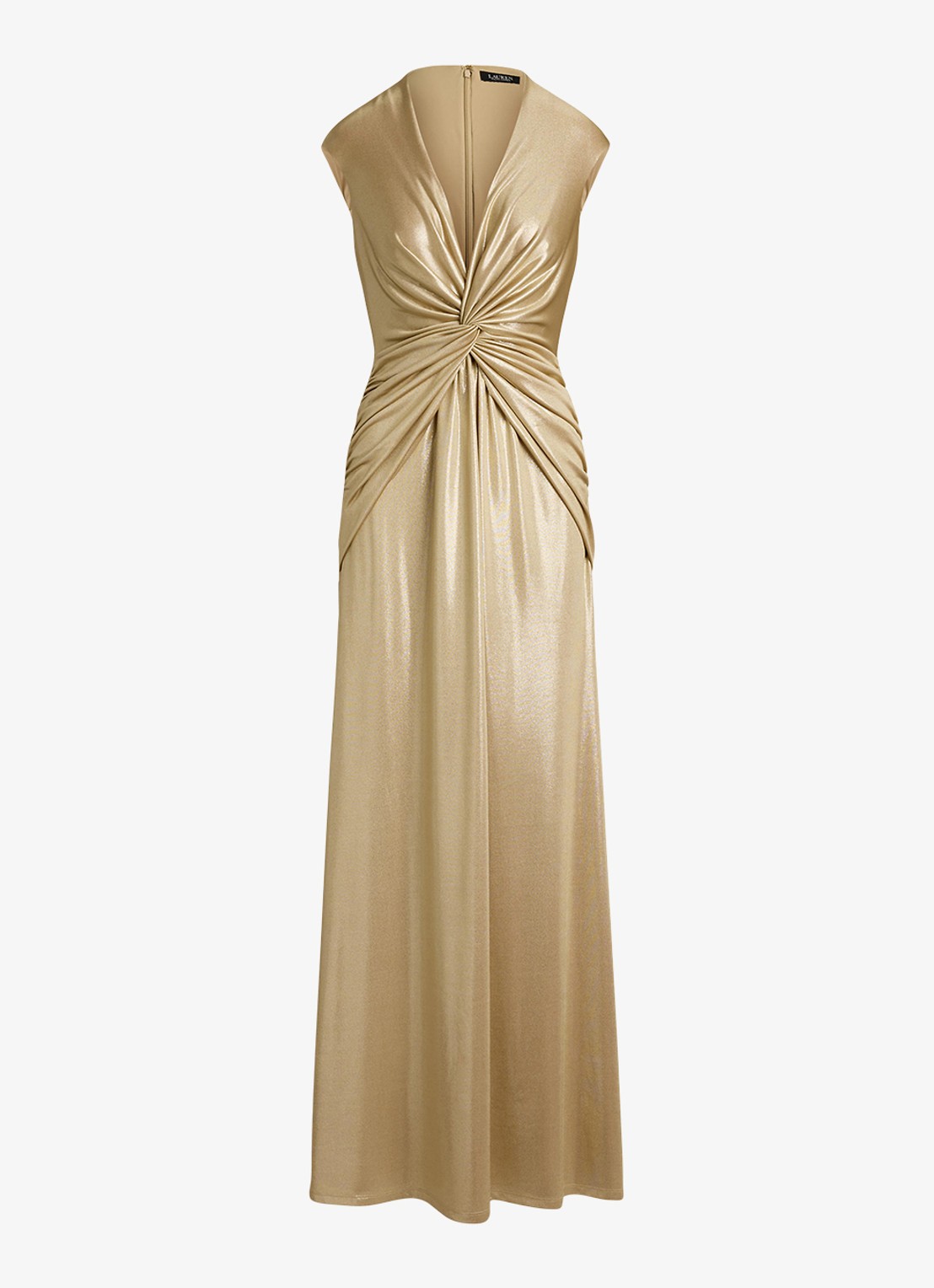 Ralph Lauren Maxi jurk met metallic finish en geknoopt detail - voorkant 2 birch tan/gold foil / goud