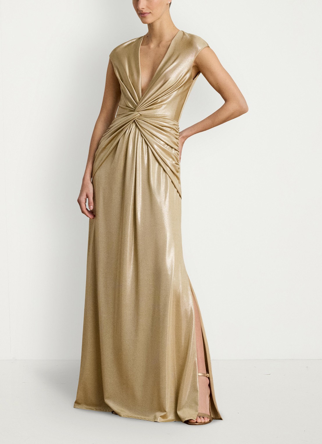 Ralph Lauren Maxi jurk met metallic finish en geknoopt detail - voorkant 3 birch tan/gold foil / goud