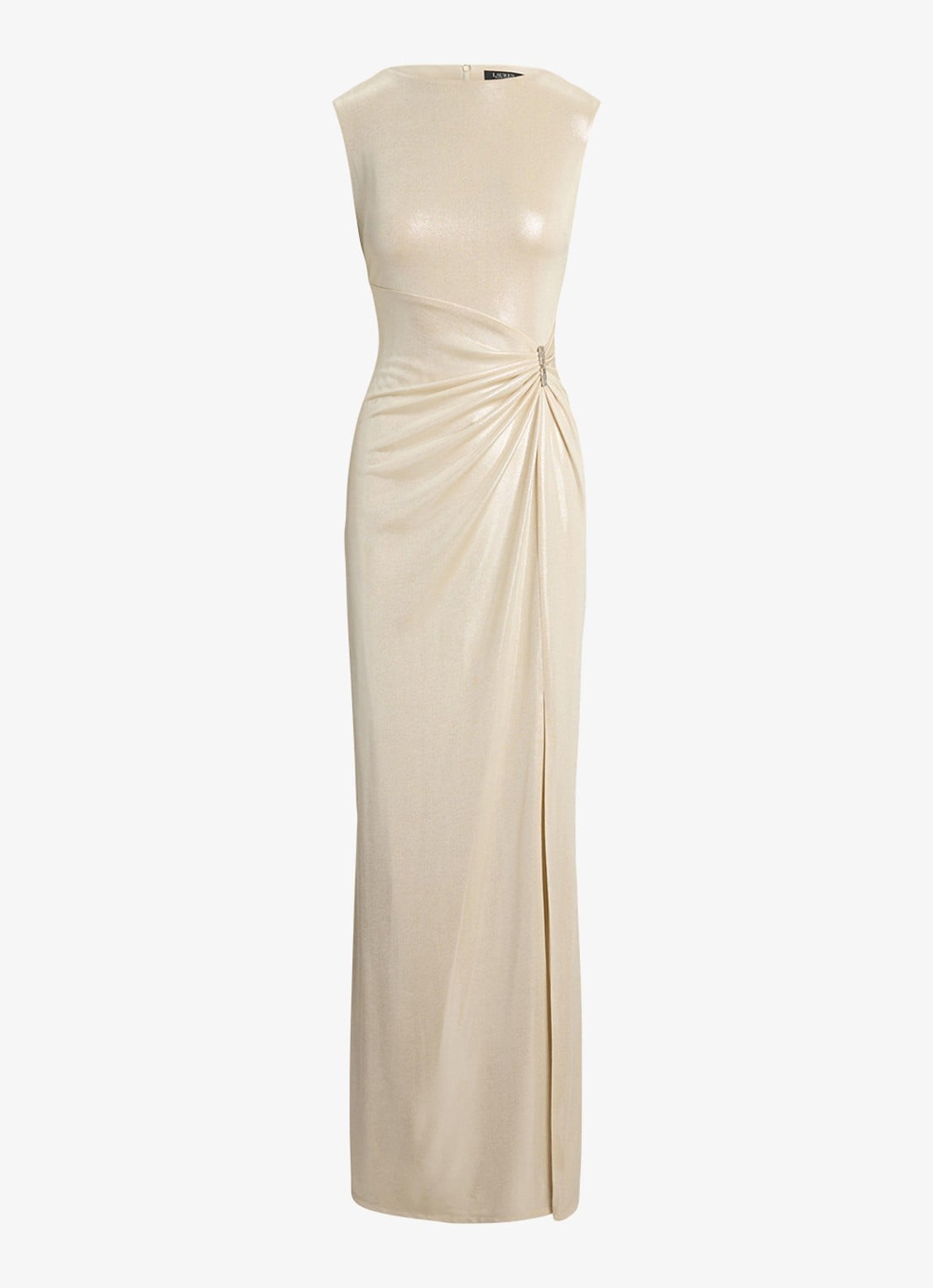 Ralph Lauren Maxi jurk met metallic finish en gespdetail - voorkant 3 champagne / beige
