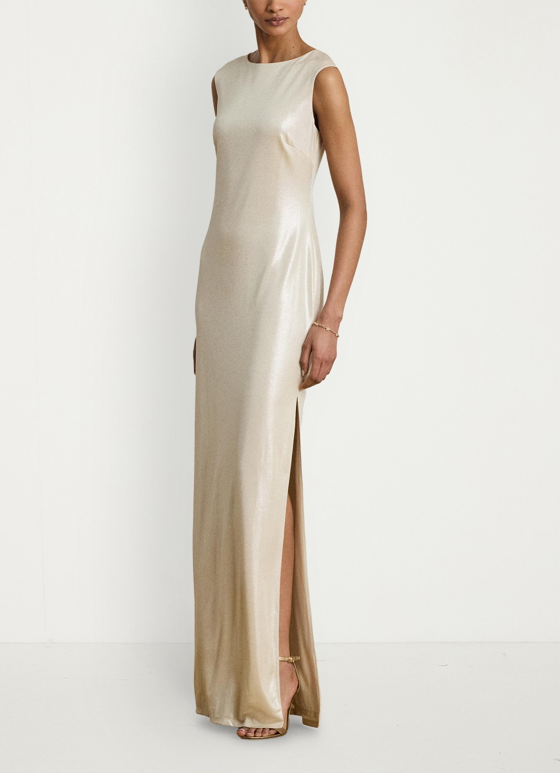 Ralph Lauren Maxi jurk met metallic finish en split - voorkant 5 creme
