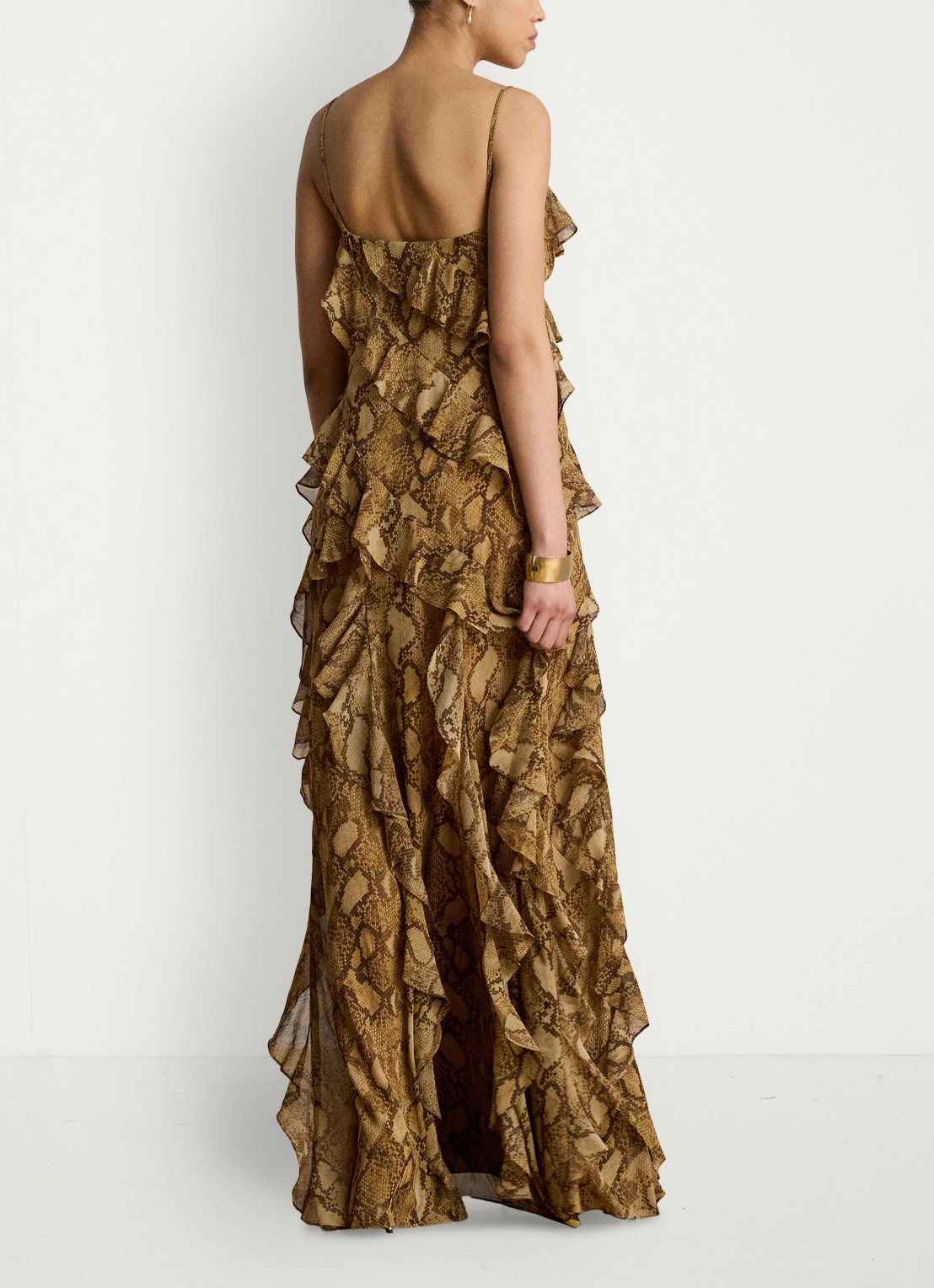 Ralph Lauren Maxi jurk met slangenprint en ruches - achterkant tan multi / beige