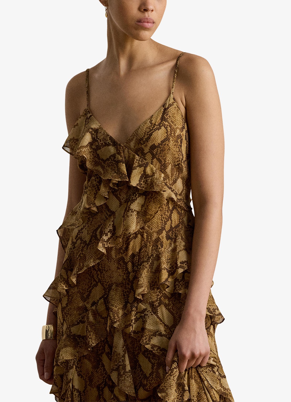 Ralph Lauren Maxi jurk met slangenprint en ruches - detail 5 tan multi / beige
