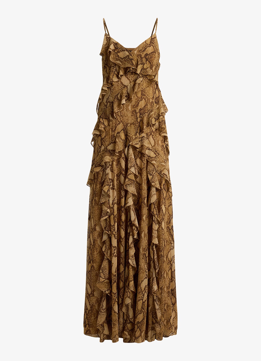 Ralph Lauren Maxi jurk met slangenprint en ruches - voorkant 2 tan multi / beige