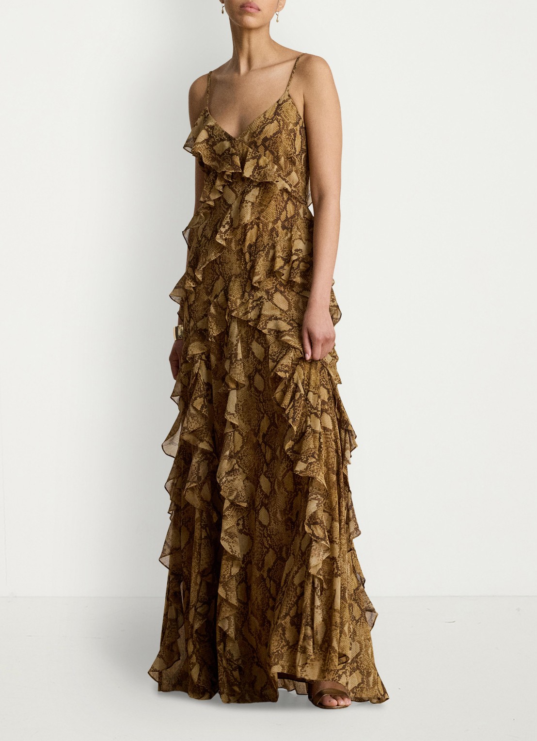 Ralph Lauren Maxi jurk met slangenprint en ruches - voorkant 3 tan multi / beige