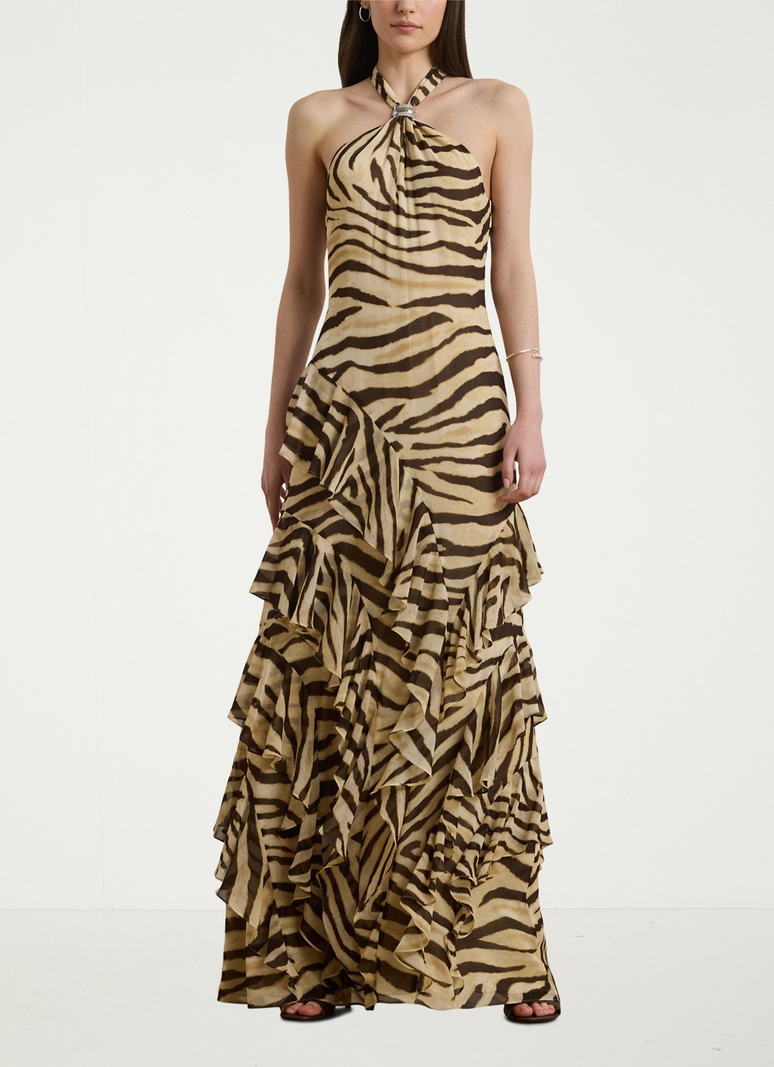 Ralph Lauren Maxi jurk met zebraprint en ruches - voorkant 4 bruin