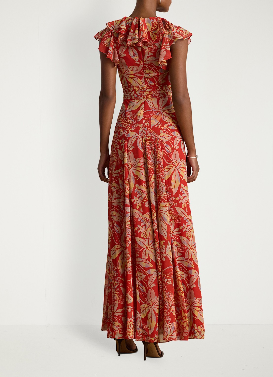 Ralph Lauren Maxi jurk wikkeljurk met bladprint en ruches - achterkant 8 rood