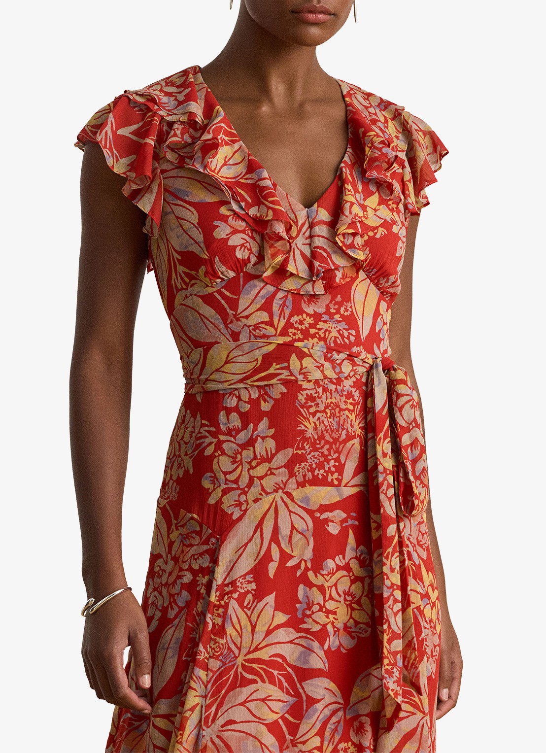 Ralph Lauren Maxi jurk wikkeljurk met bladprint en ruches - detail 2 rood