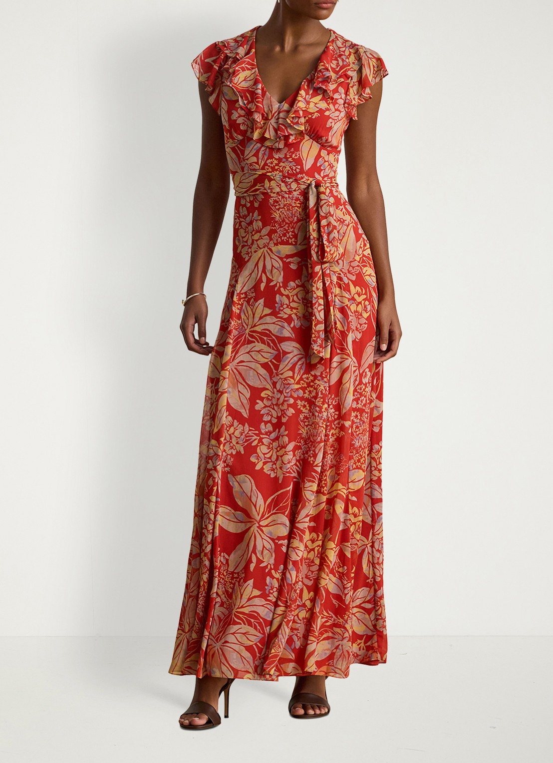 Ralph Lauren Maxi jurk wikkeljurk met bladprint en ruches - voorkant 7 rood