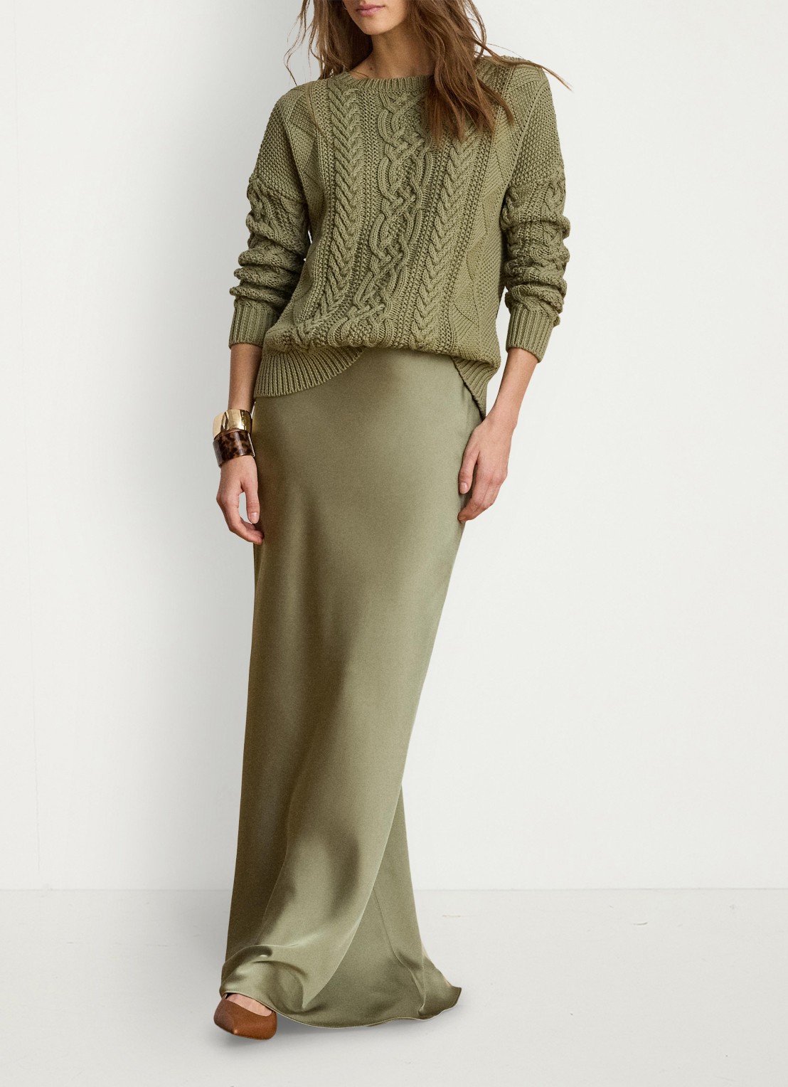 Ralph Lauren Maxi rok van satijn - voorkant 5 light agave / groen