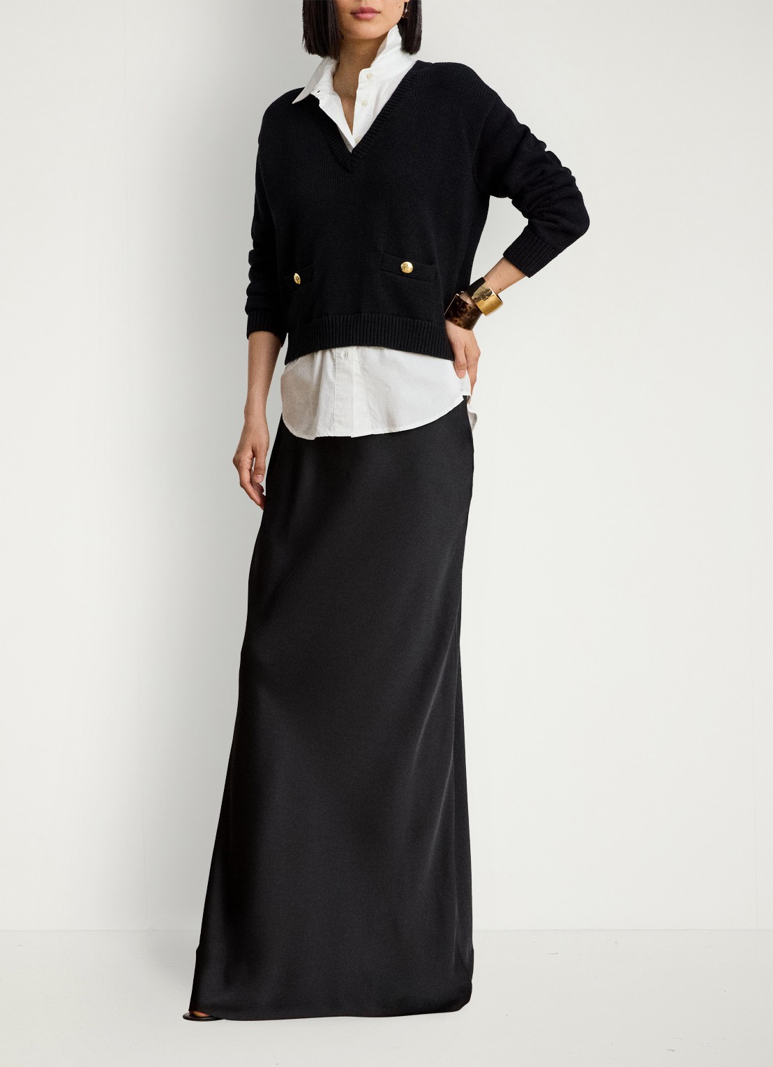Ralph Lauren Maxi rok van satijn - voorkant 2 zwart