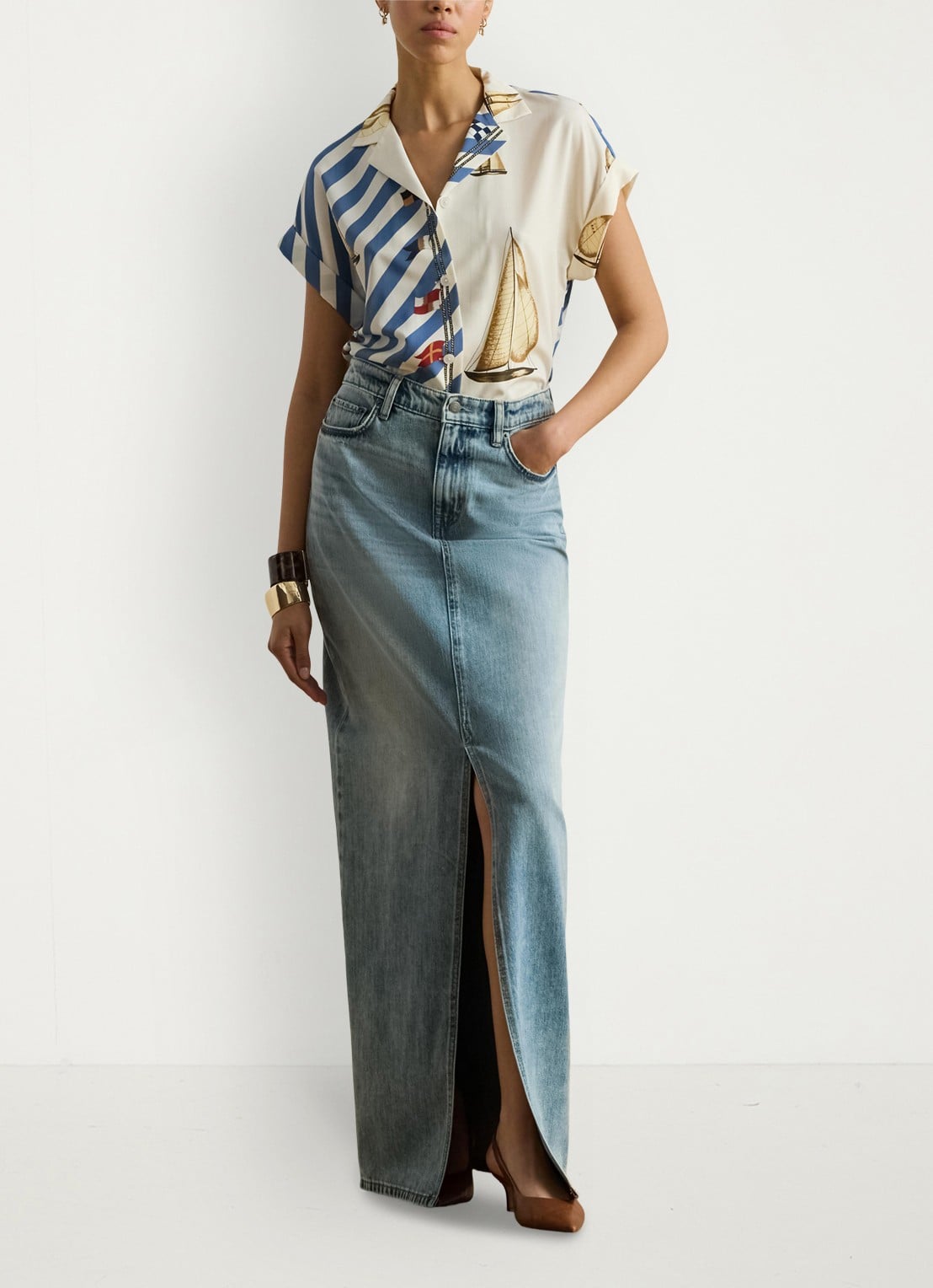 Ralph Lauren Maxi spijkerrok met split - voorkant 2 fawne wash / indigo