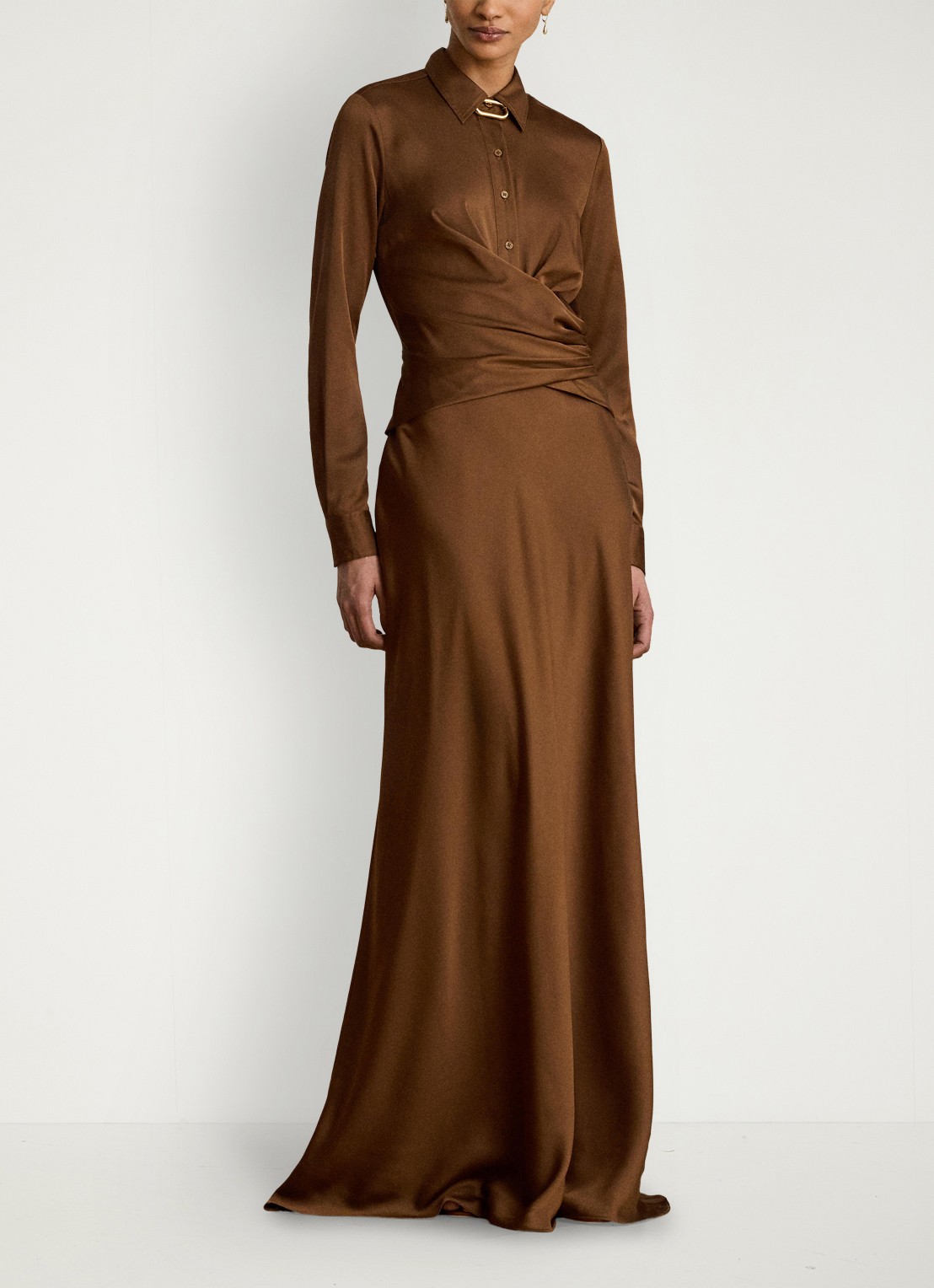 Ralph Lauren Maxi tuniekjurk met plooidetail - voorkant 2 light tobacco / bruin