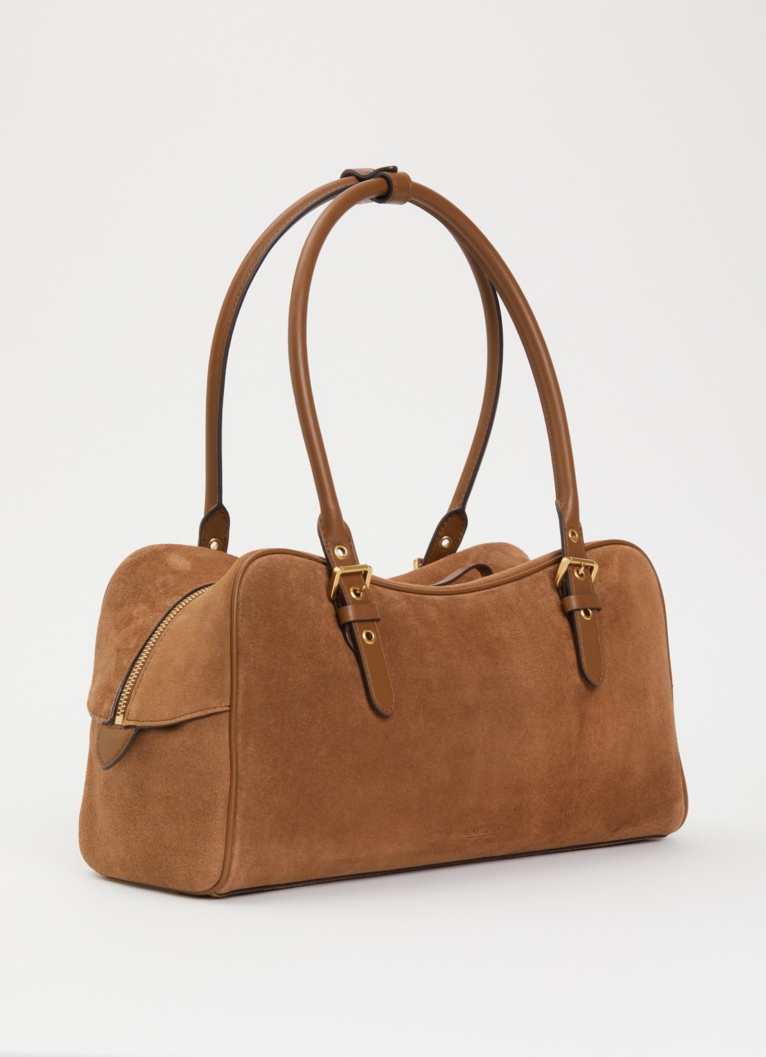 Ralph Lauren Mercy schoudertas van suède met leren details  - achterkant 5 cognac