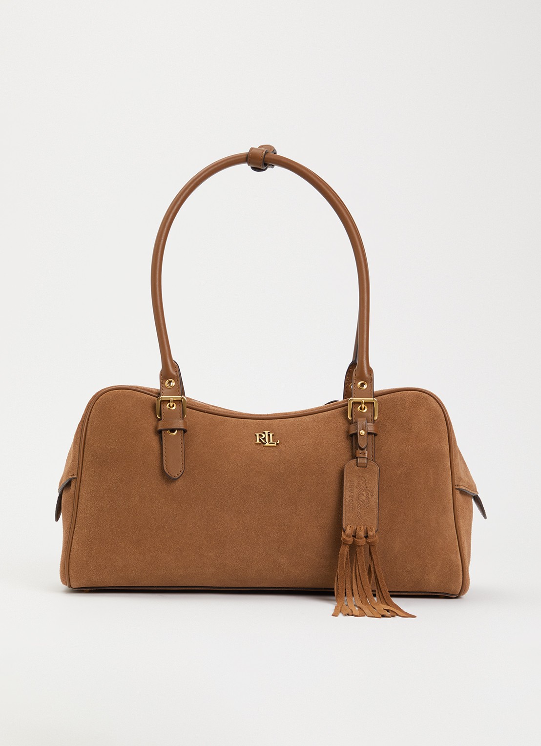 Ralph Lauren Mercy schoudertas van suède met leren details  - voorkant 4 cognac
