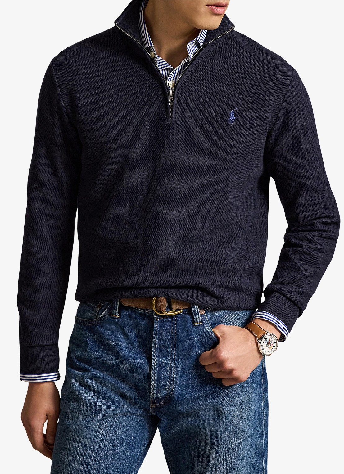Ralph Lauren Mesh-gebreide katoenen trui met rits - detail 4 navy heather / blauw