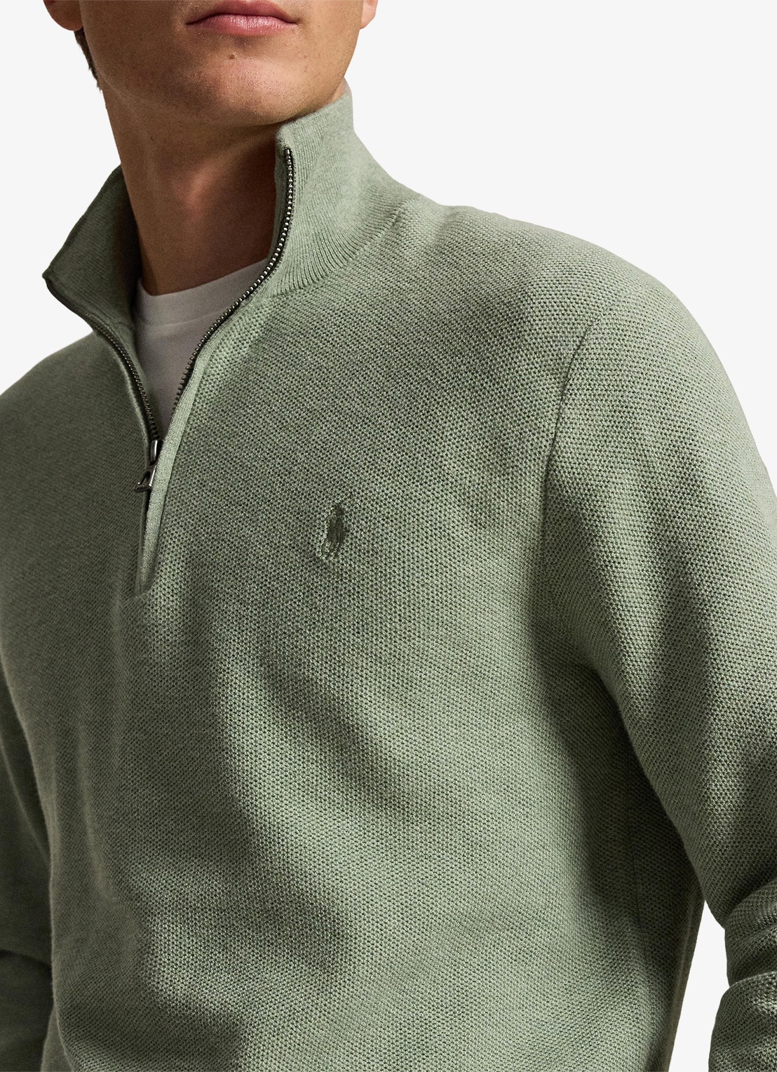 Ralph Lauren Mesh-gebreide katoenen trui met rits - detail 2 fern green heather / groen