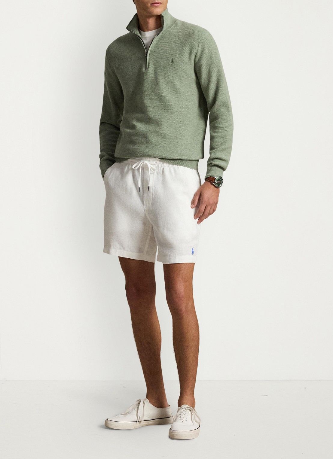 Ralph Lauren Mesh-gebreide katoenen trui met rits - voorkant 5 fern green heather / groen