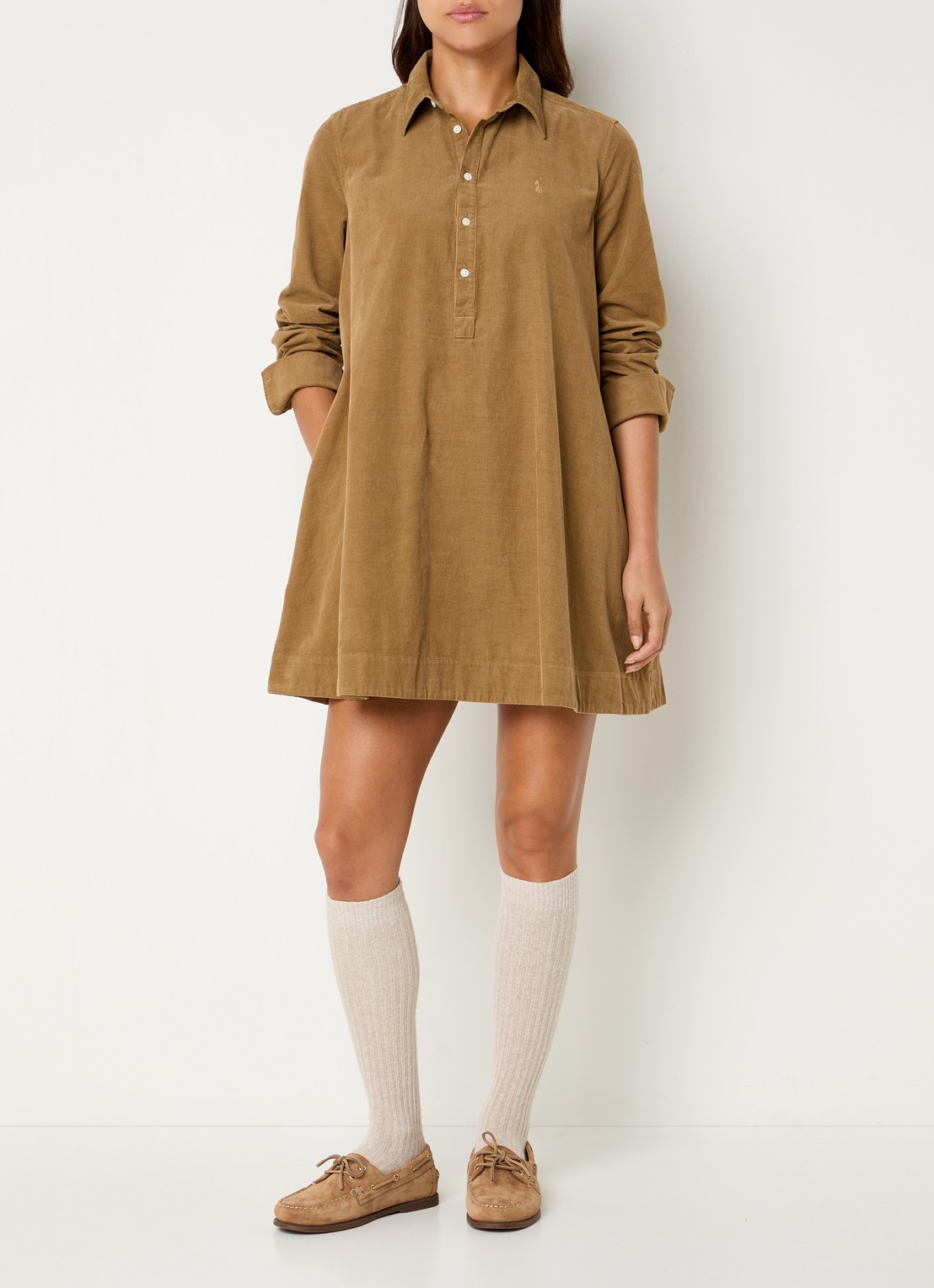 Ralph Lauren Midi A-lijn jurk van corduroy met logoborduring - voorkant 2 oranje