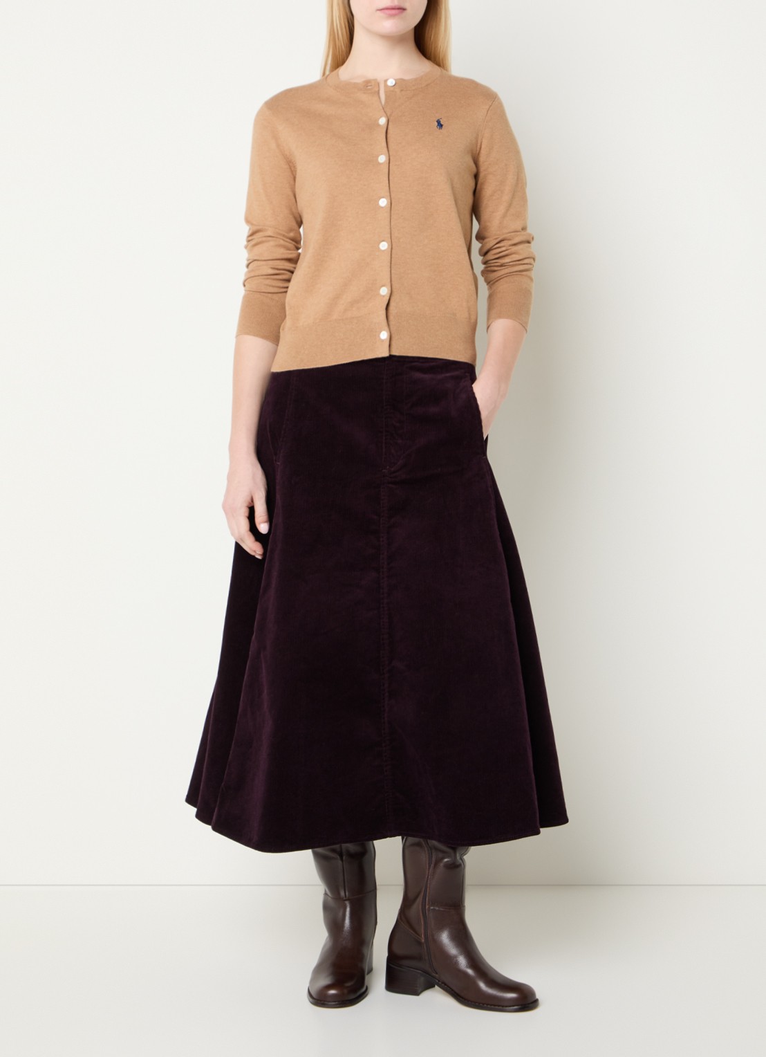 Ralph Lauren Midi A-lijn rok van corduroy met steekzakken - voorkant 2 aubergine