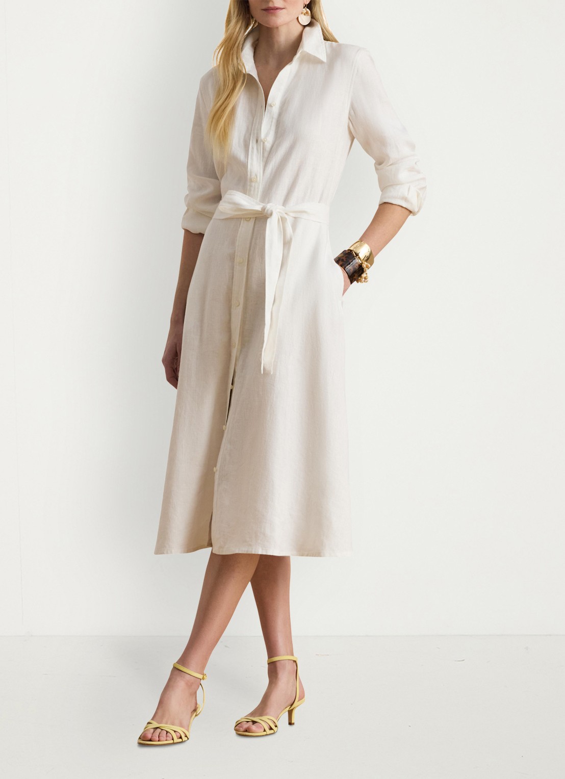 Ralph Lauren Midi blouse jurk met strikceintuur - voorkant 2 wit