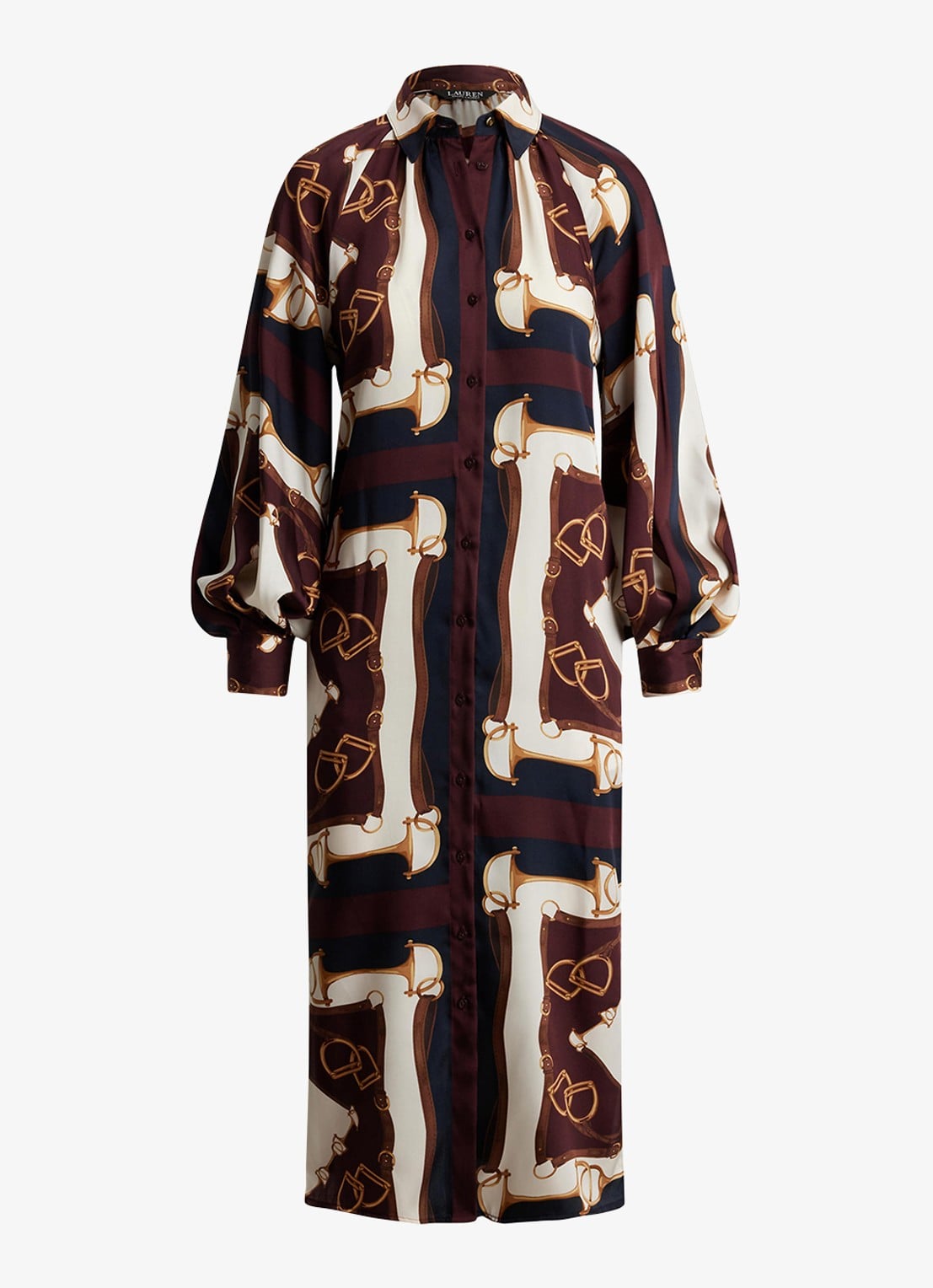 Ralph Lauren Midi blousejurk met ballonmouw - voorkant 3 navy / donkerblauw