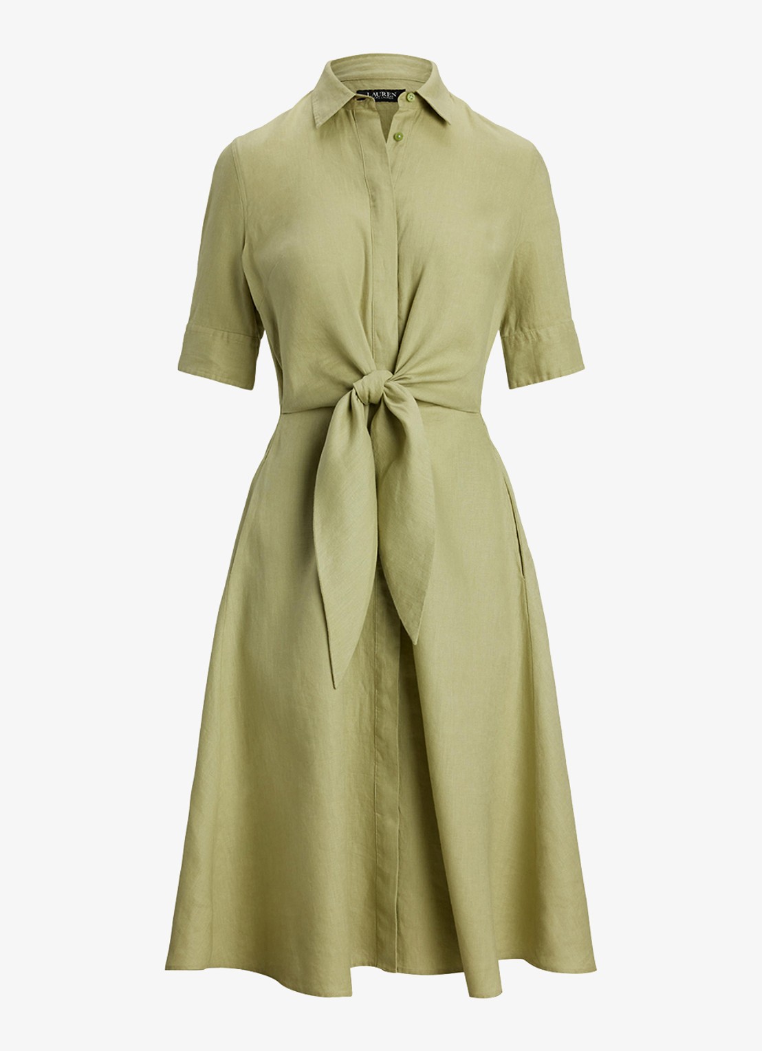 Ralph Lauren Midi blousejurk met gestrikt detail - voorkant light olive / groen