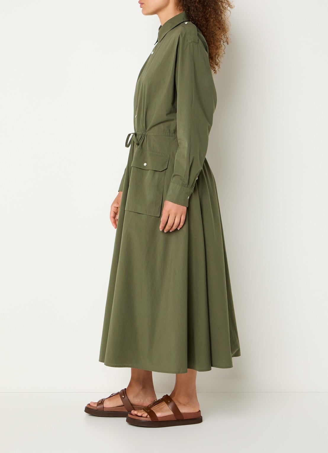 Ralph Lauren Midi blousejurk met klepzakken en strikceintuur - voorkant 3 legergroen