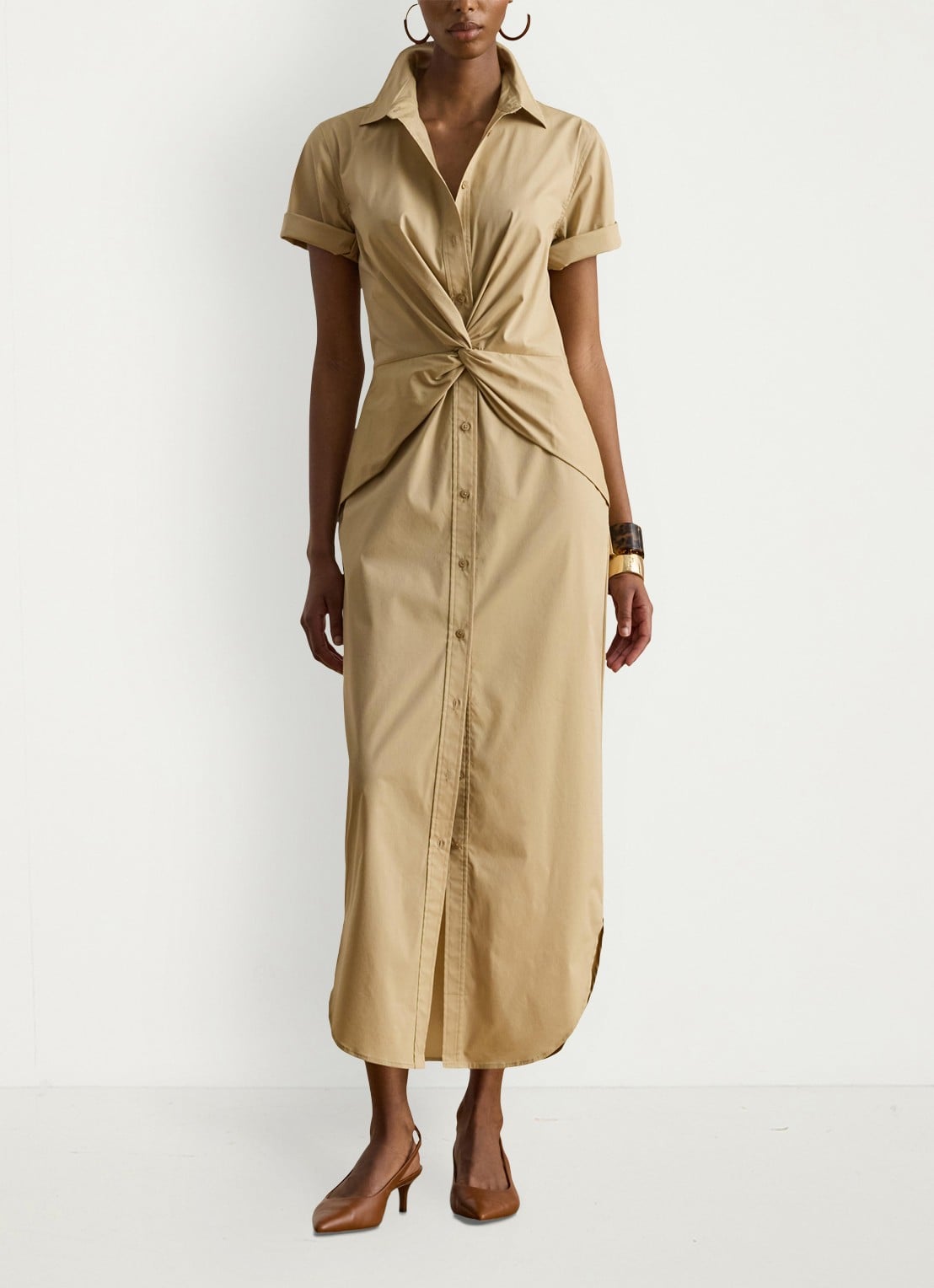 Ralph Lauren Midi blousejurk met plooidetail - voorkant 2 birch tan / beige