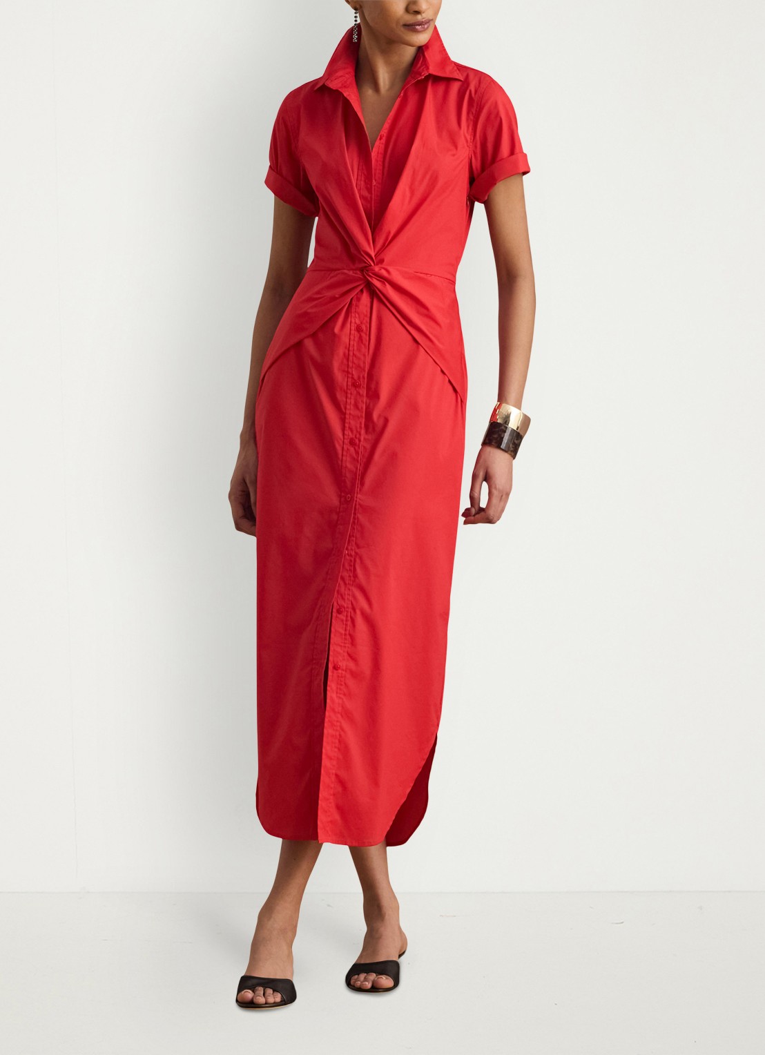 Ralph Lauren Midi blousejurk met plooidetail - voorkant 2 cruise red 2wr6 / rood