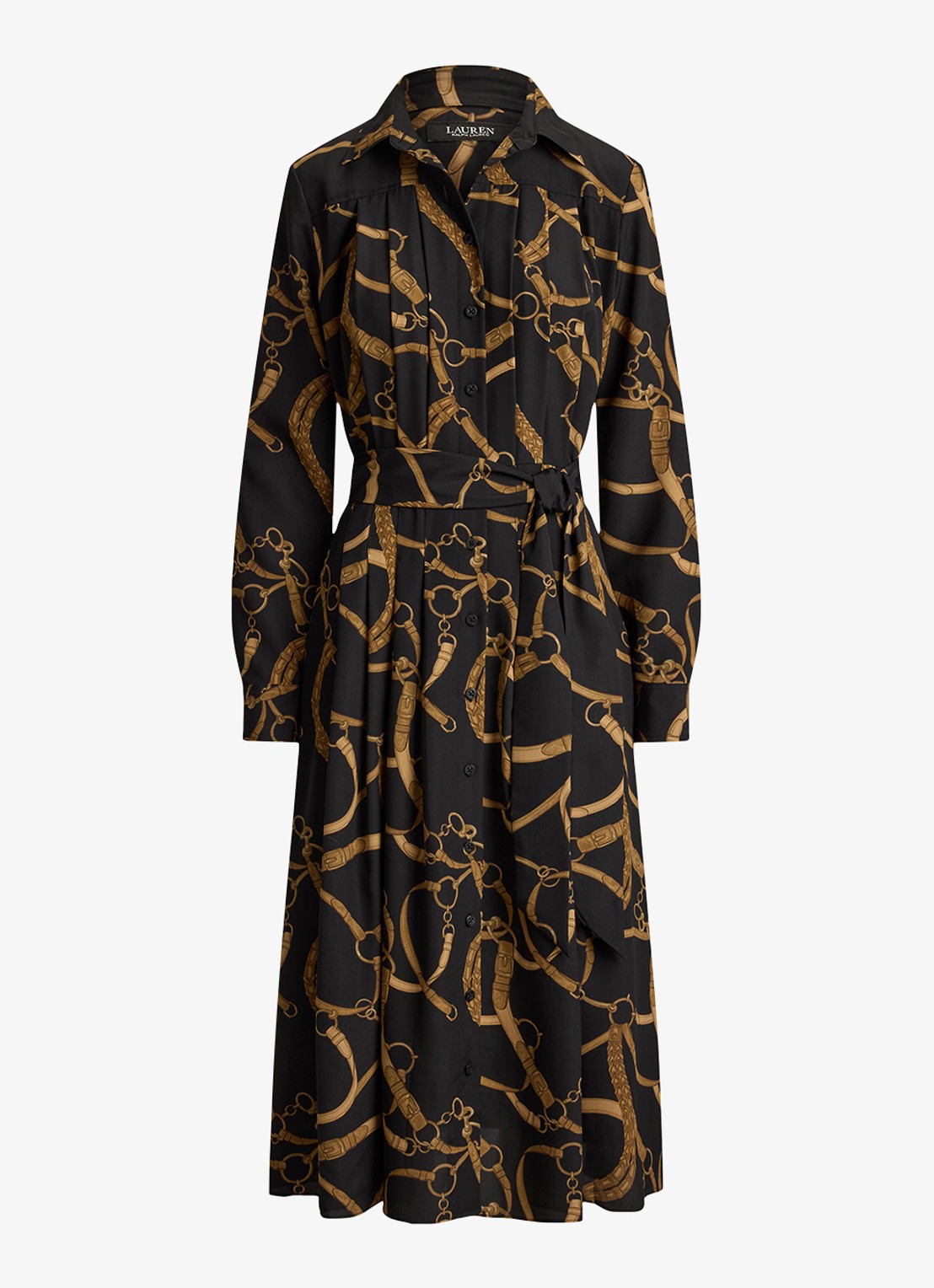 Ralph Lauren Midi blousejurk met print en strikceintuur - voorkant birch tan / zwart
