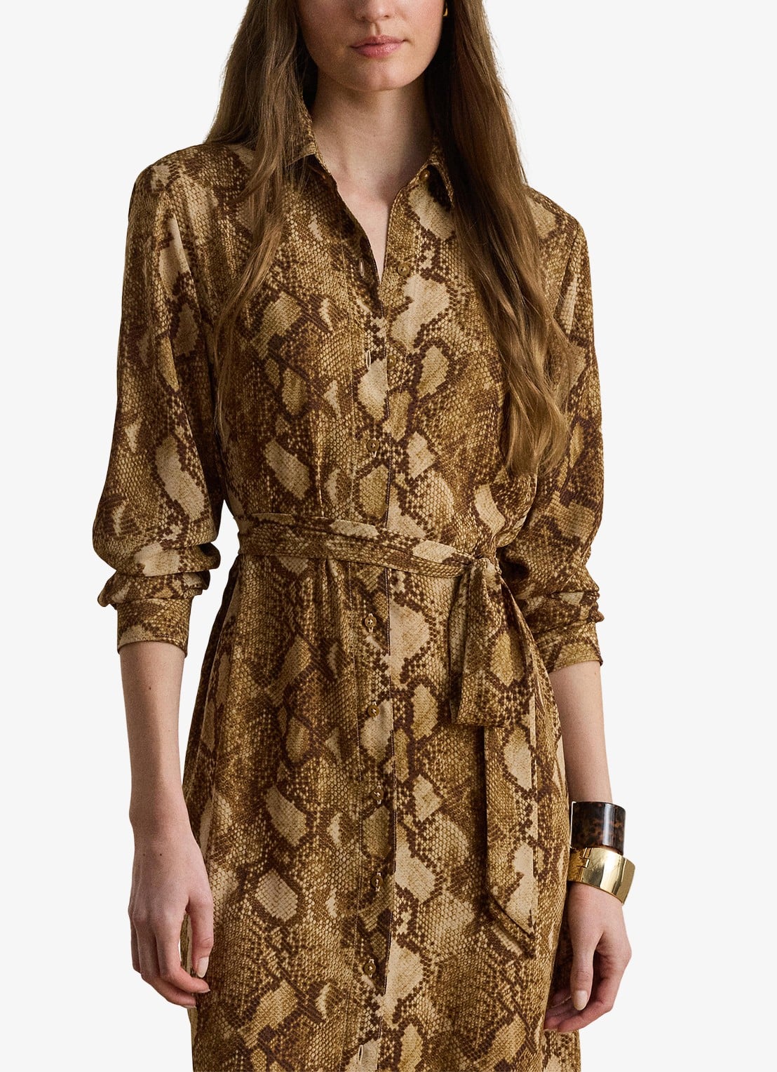 Ralph Lauren Midi blousejurk met slangenprint en ceintuur - detail 5 tan multi / beige