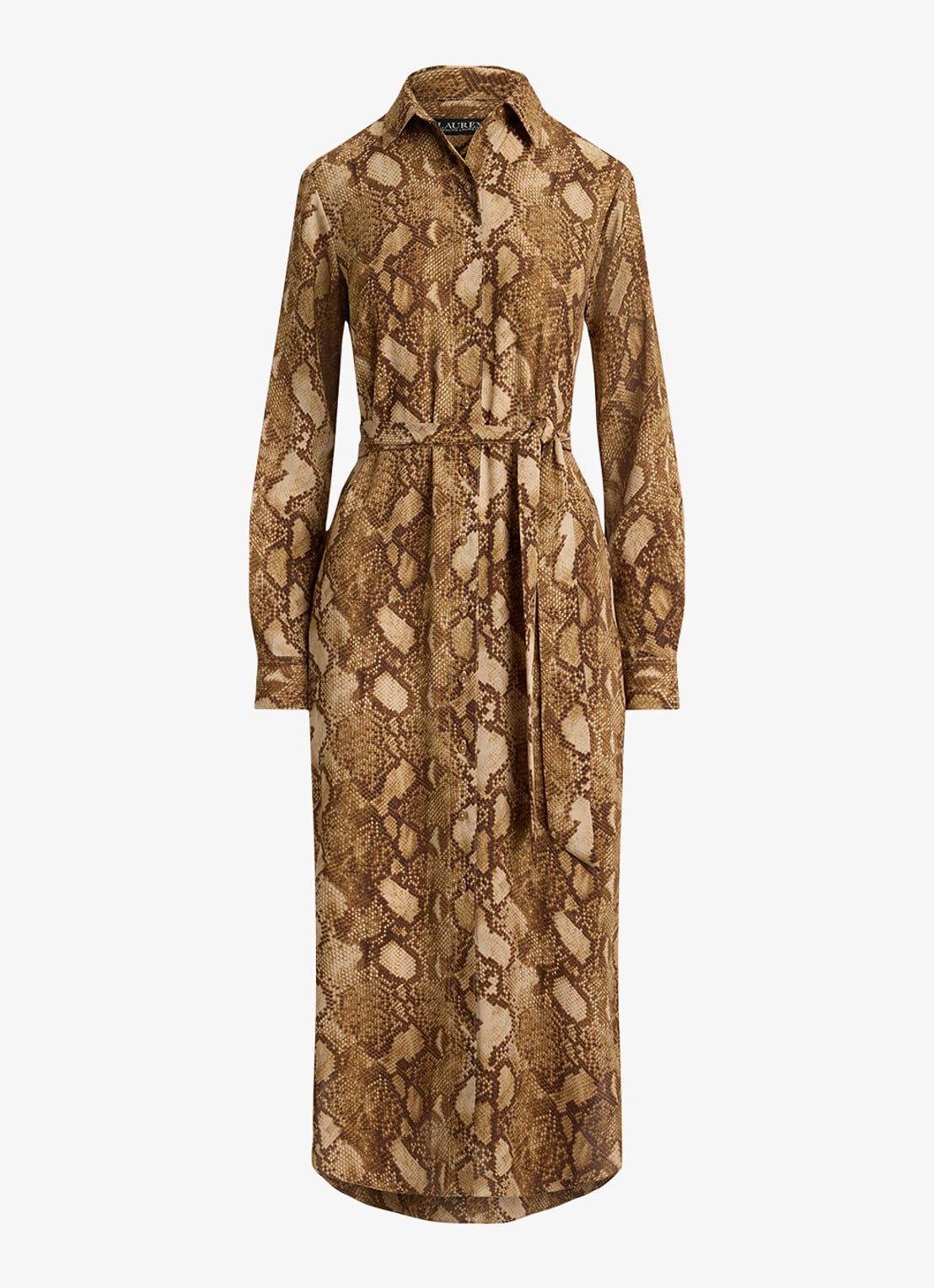 Ralph Lauren Midi blousejurk met slangenprint en ceintuur - voorkant 2 tan multi / beige