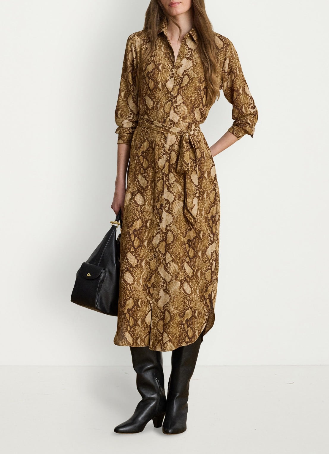 Ralph Lauren Midi blousejurk met slangenprint en ceintuur - voorkant 3 tan multi / beige