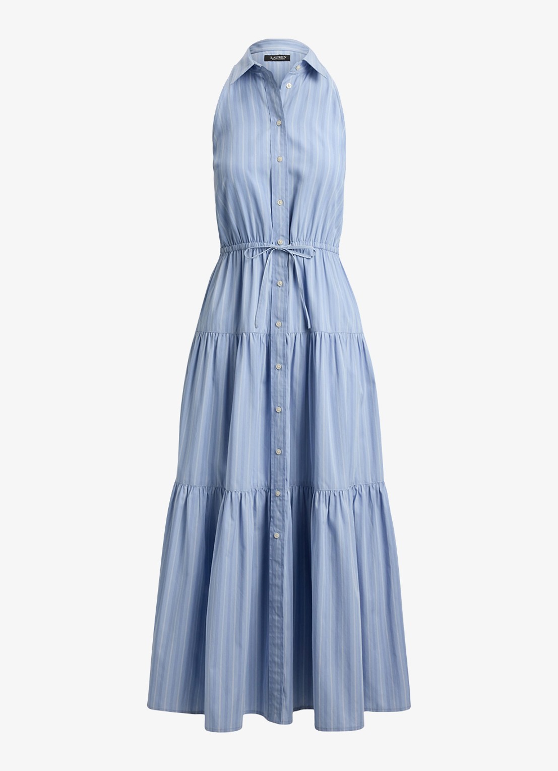 Ralph Lauren Midi blousejurk met streepprint en gestrikt detail - voorkant 2 blue/white multi / blauw