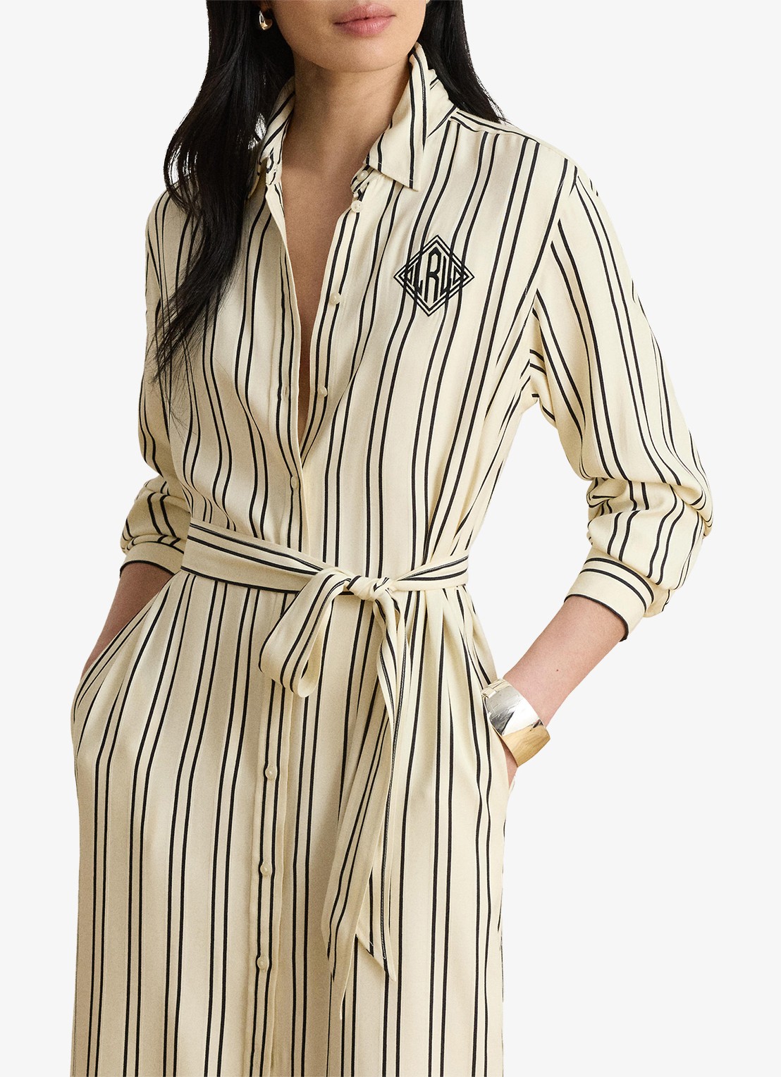 Ralph Lauren Midi blousejurk met streepprint en logoborduring - detail mascarpone cream/black / crème/zwart