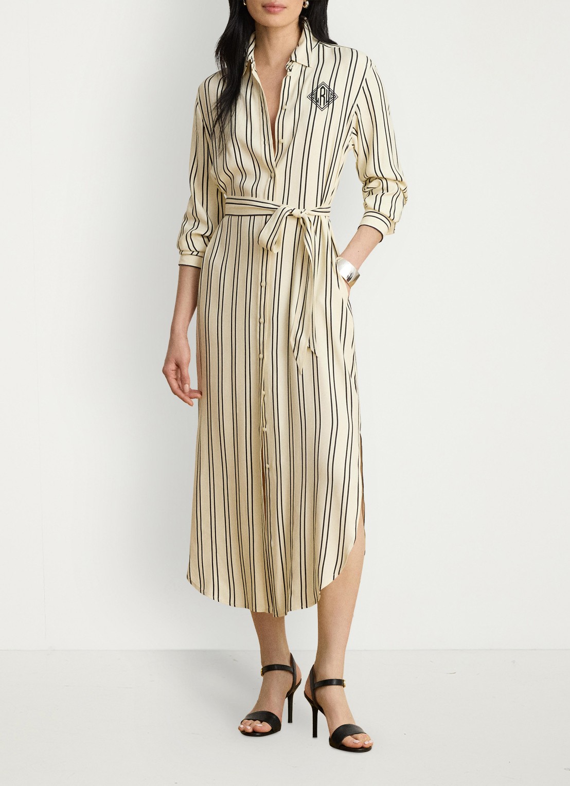 Ralph Lauren Midi blousejurk met streepprint en logoborduring - voorkant 5 mascarpone cream/black / crème/zwart