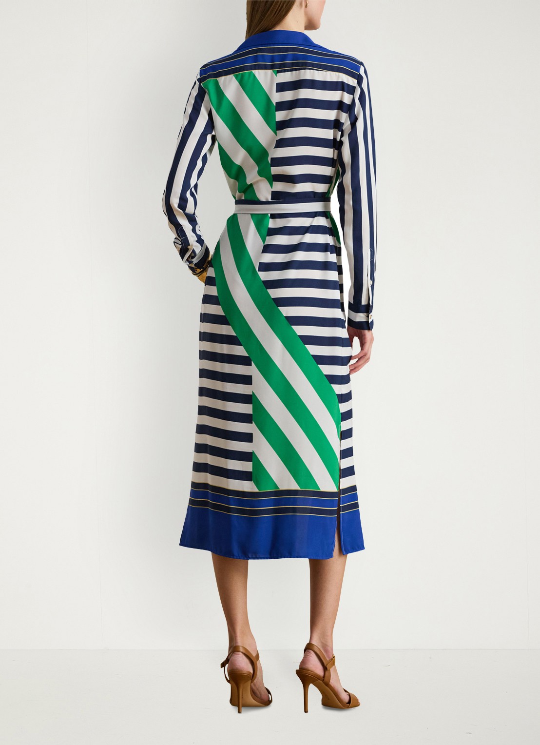 Ralph Lauren Midi blousejurk met streepprint en strikceintuur - achterkant donkerblauw