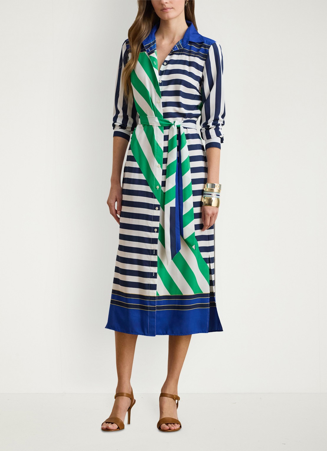 Ralph Lauren Midi blousejurk met streepprint en strikceintuur - detail 3 donkerblauw