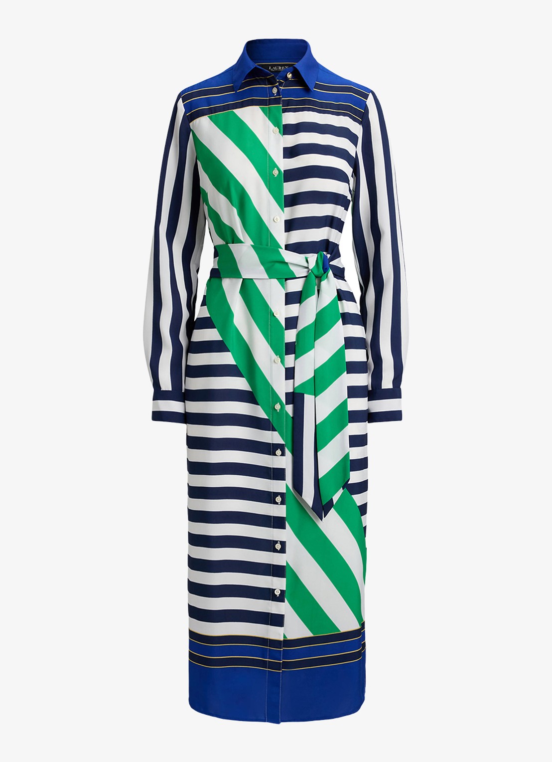 Ralph Lauren Midi blousejurk met streepprint en strikceintuur - voorkant 2 donkerblauw