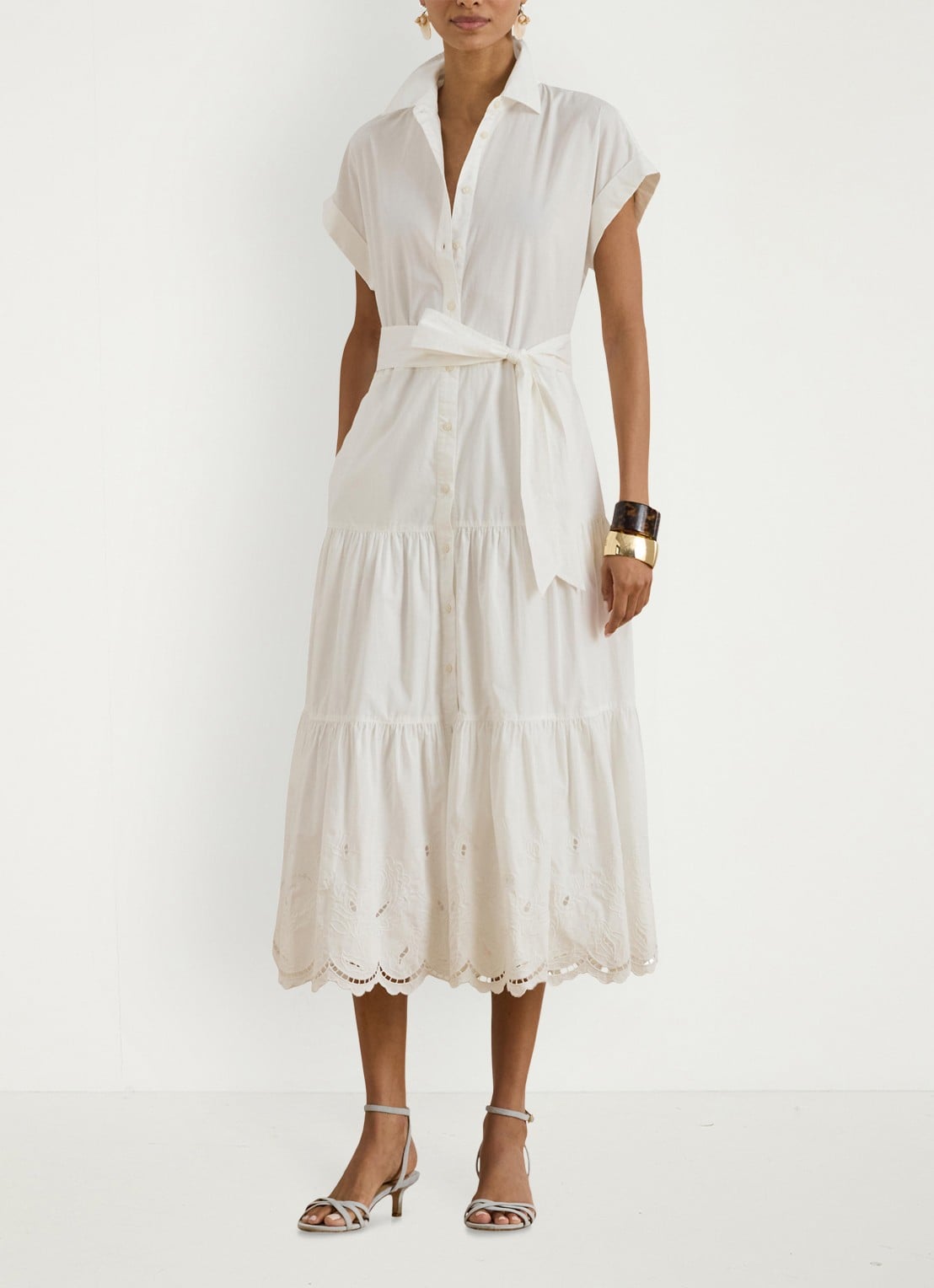 Ralph Lauren Midi blousejurk met strikceintuur - voorkant 5 wit