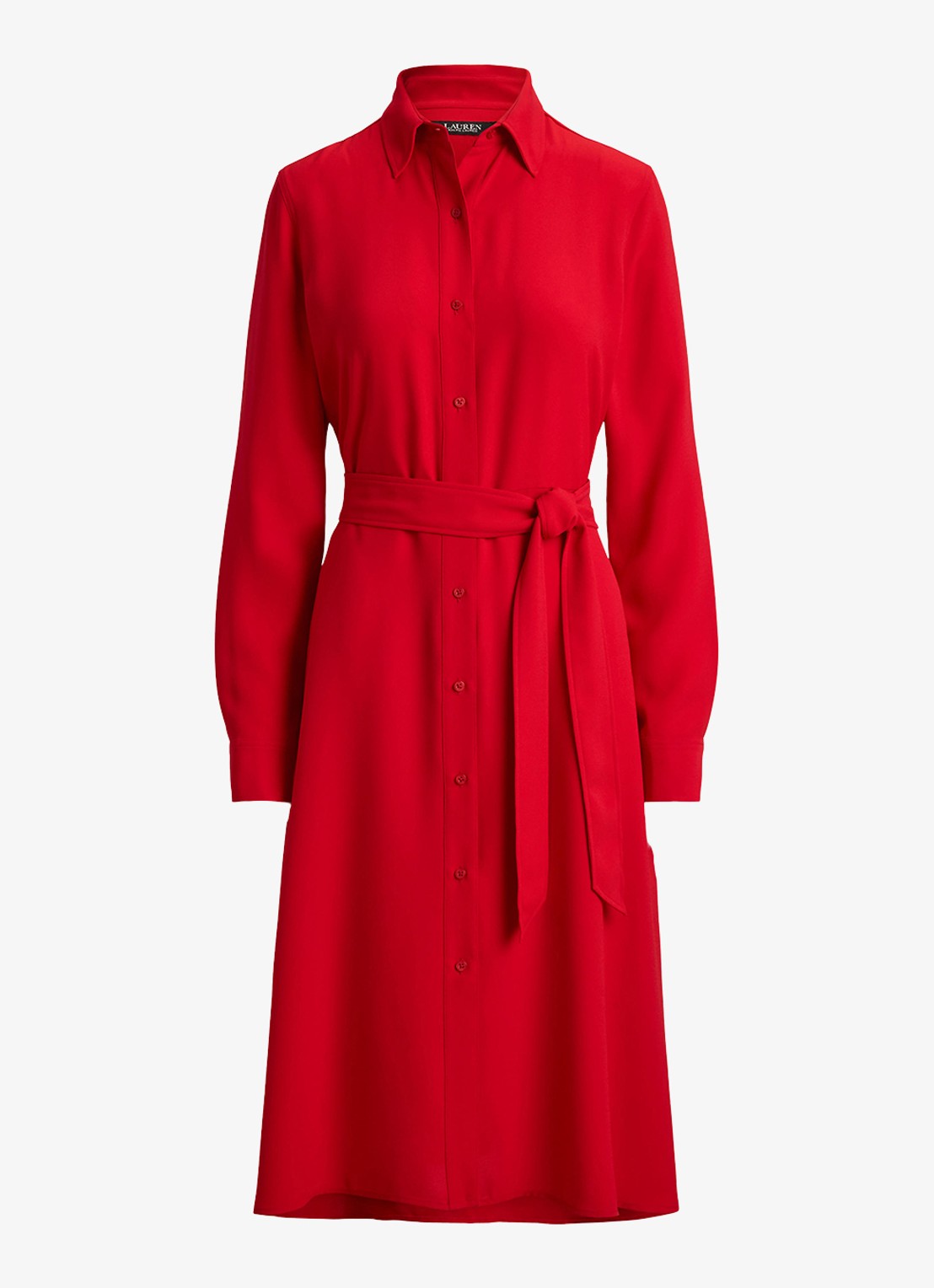 Ralph Lauren Midi blousejurk met strikceintuur - voorkant 3 ralph red / rood