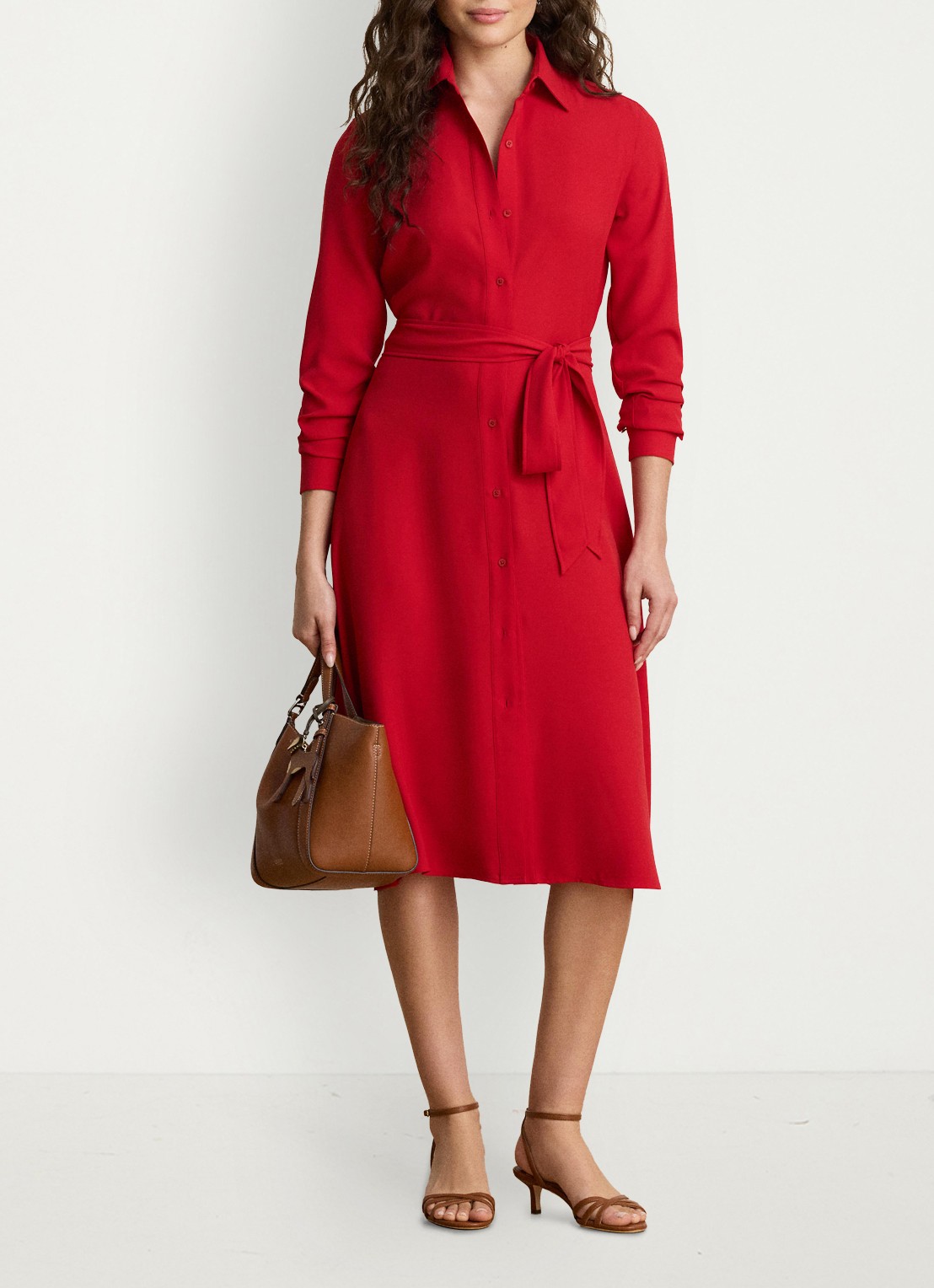 Ralph Lauren Midi blousejurk met strikceintuur - voorkant 4 ralph red / rood