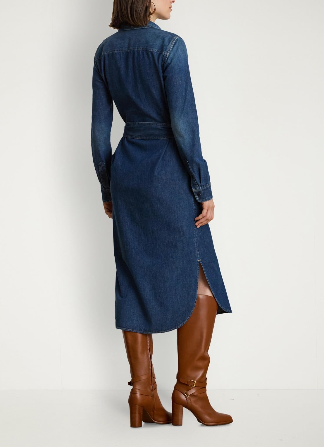 Ralph Lauren Midi blousejurk van chambray met strikceintuur - achterkant 5 atecco wash / indigo