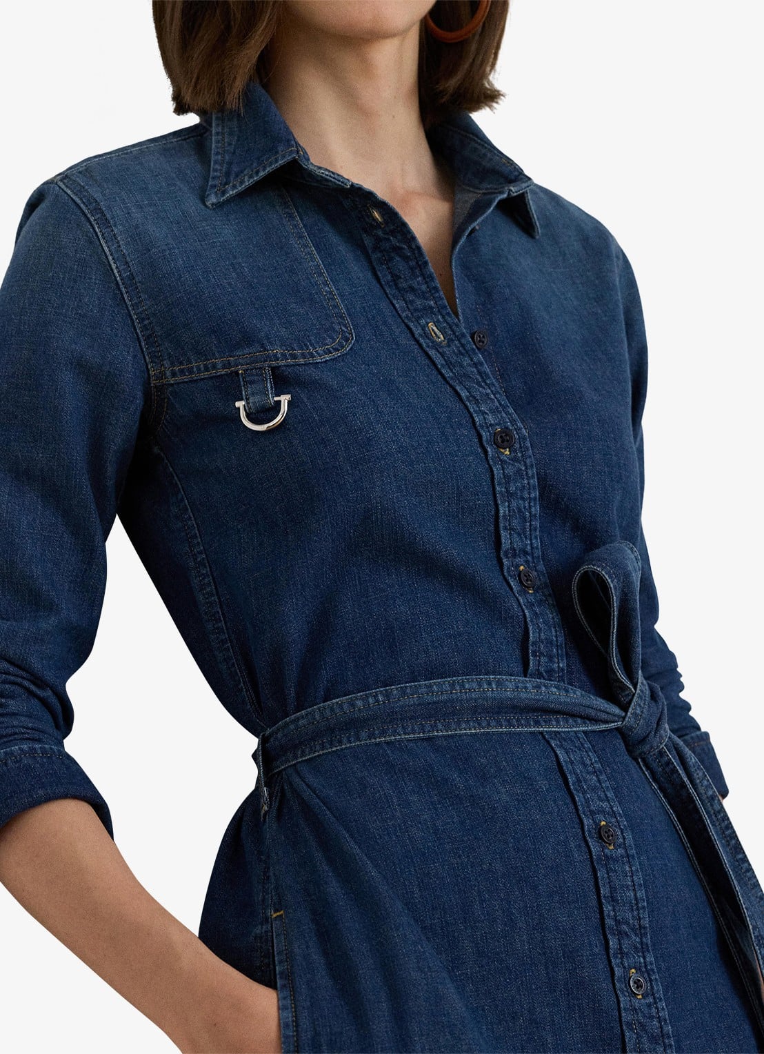 Ralph Lauren Midi blousejurk van chambray met strikceintuur - detail 4 atecco wash / indigo