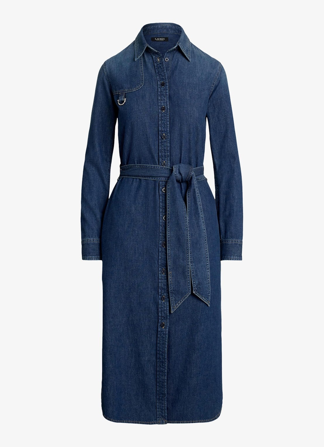 Ralph Lauren Midi blousejurk van chambray met strikceintuur - voorkant atecco wash / indigo