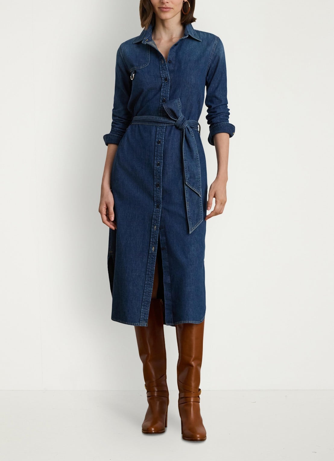 Ralph Lauren Midi blousejurk van chambray met strikceintuur - voorkant 2 atecco wash / indigo